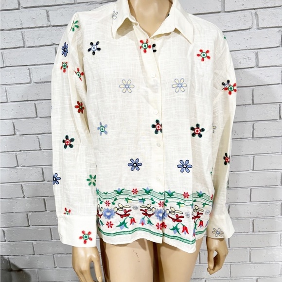 Zara Flower Patterns Casual Style Linen Blend Long Sleeves - Size Large - Picture 2 of 7